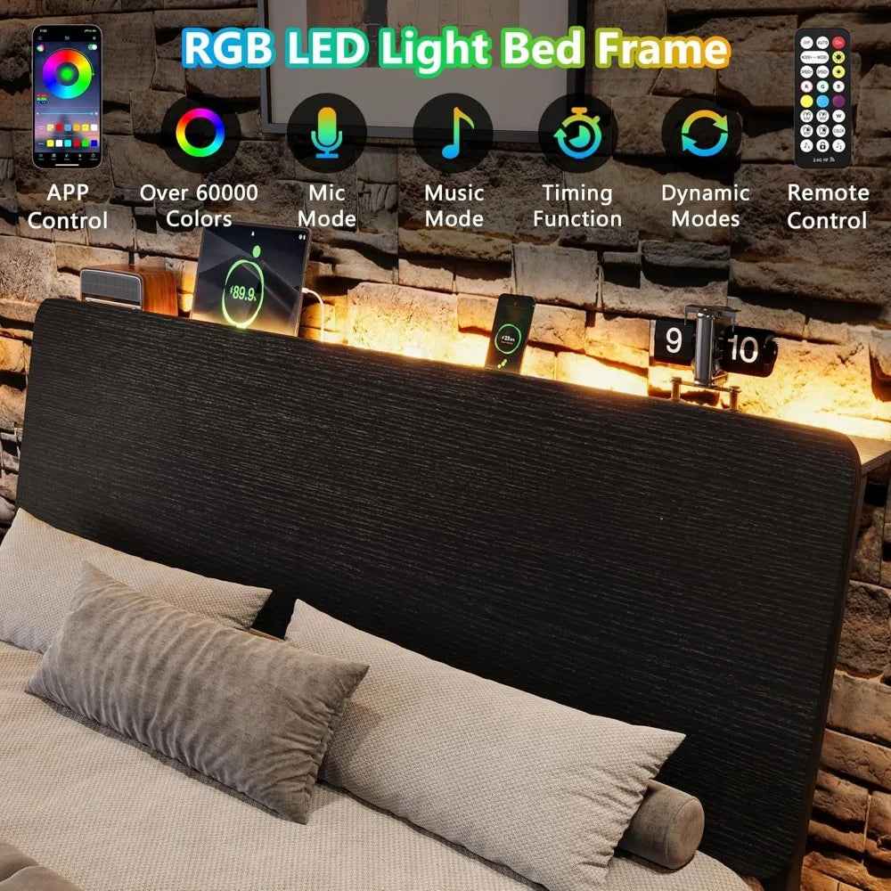 Queen Bed Frame with Ergonomic Storage Headboard,LED Bed Frame with Charging Station, 12" UnderBed Storage,Heavy-Duty,Customized