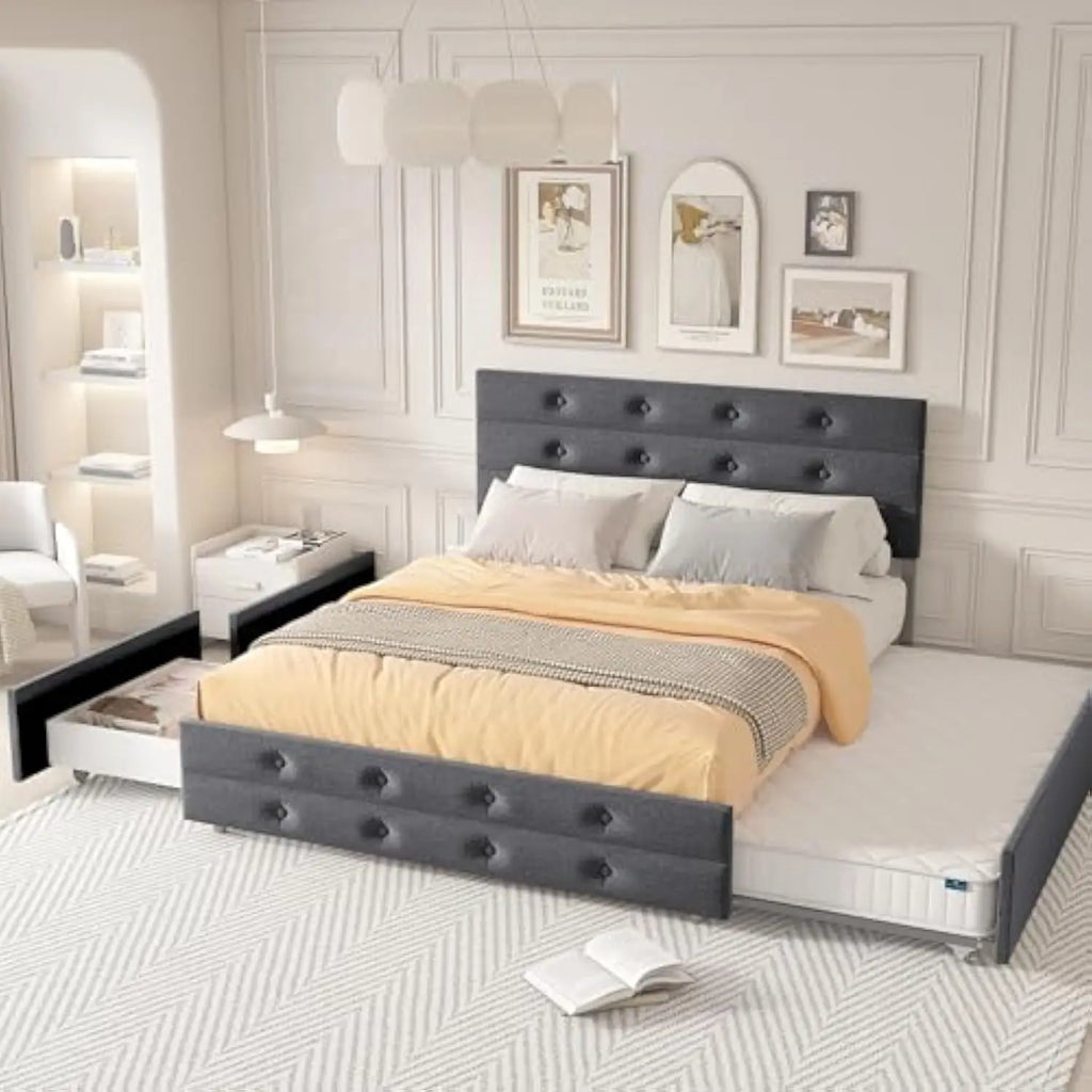 Upholstered Queen Size Platform Bed Frame with Storage Drawers and Trundle Bed, Button Tufted Headboard, Mattress Foundation wi