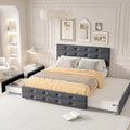 Upholstered Queen Size Platform Bed Frame with Storage Drawers and Trundle Bed, Button Tufted Headboard, Mattress Foundation wi