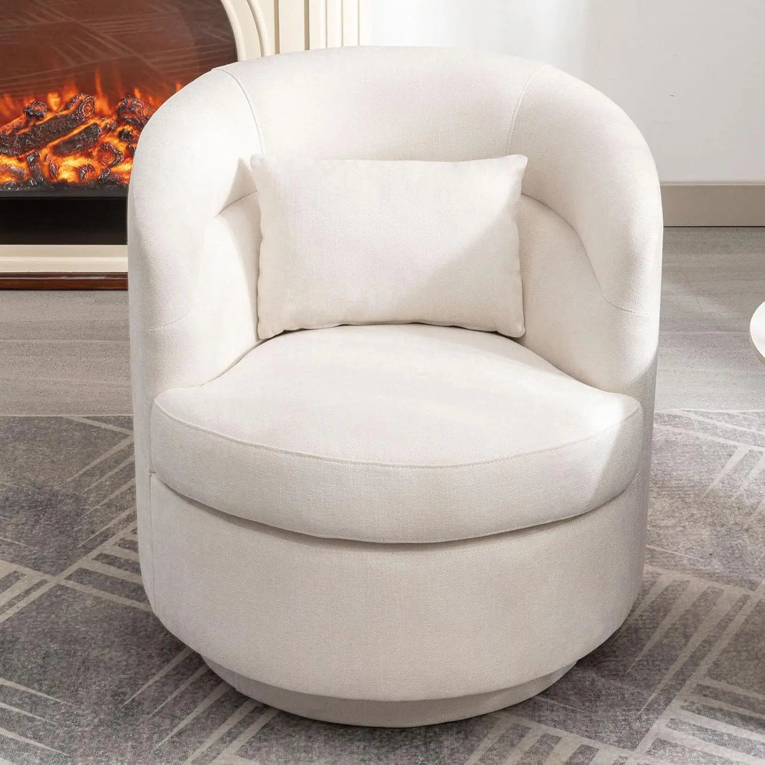 Swivel Accent Chair, 360° Round Barrel Armchair with Pillow, Beige Upholstered Club Chair for Living Room Bedroom Reading Nook