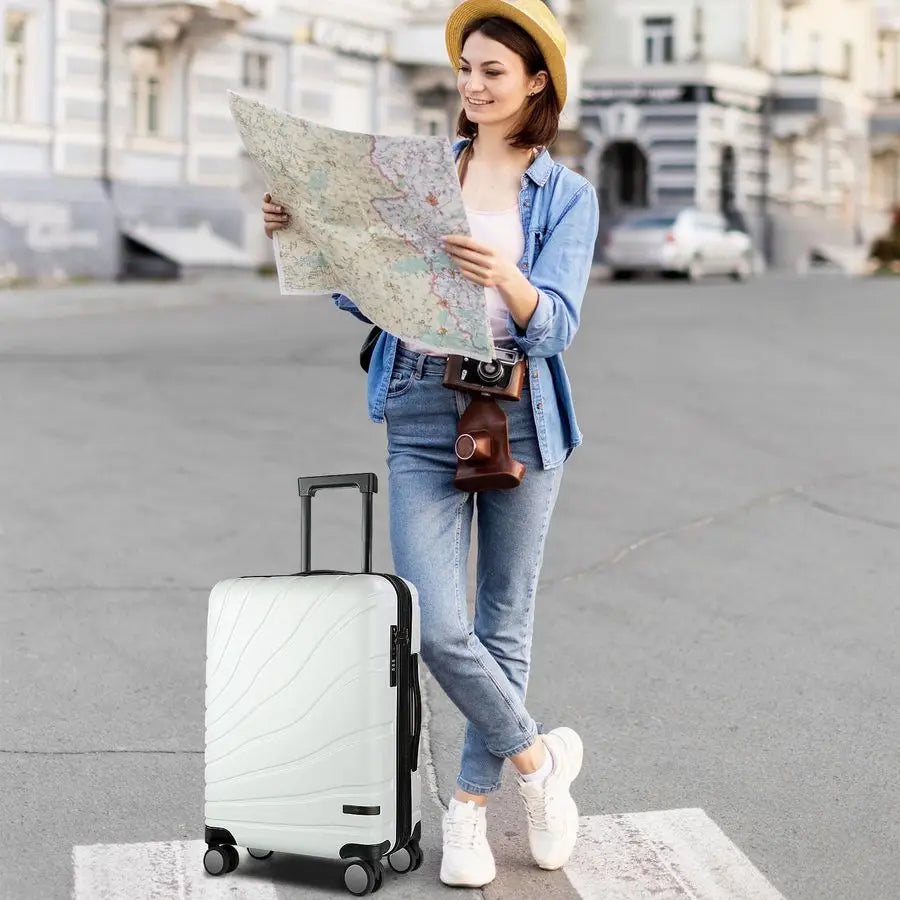 On Luggage with Spinner Wheels amp TSA Lock, Expandable Fashionable Hard Shell Suitcase airline approved20 Inch CarryOnWhite