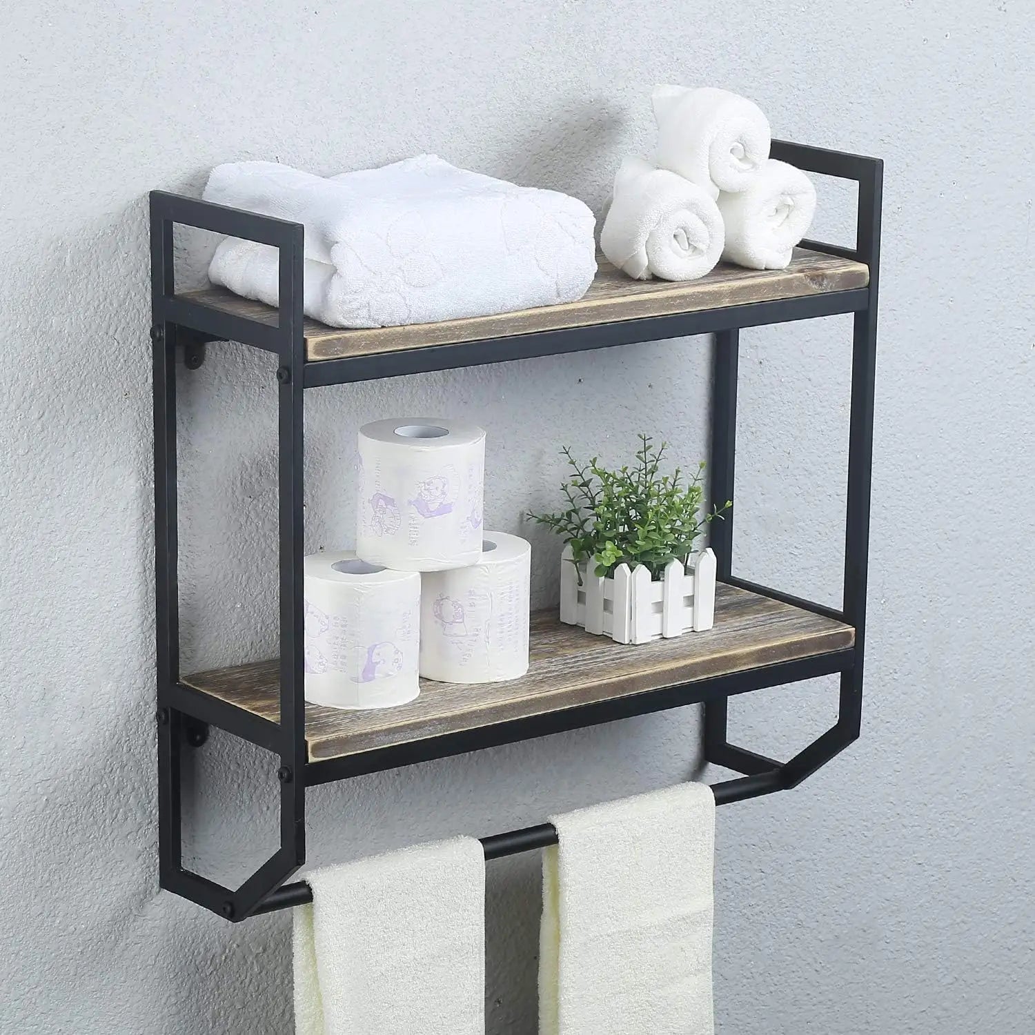 2-Tier Black Towel Rack with Shelves, Wall Mounted Bathroom Storage Over Toilet, Rustic Floating Utility Holder