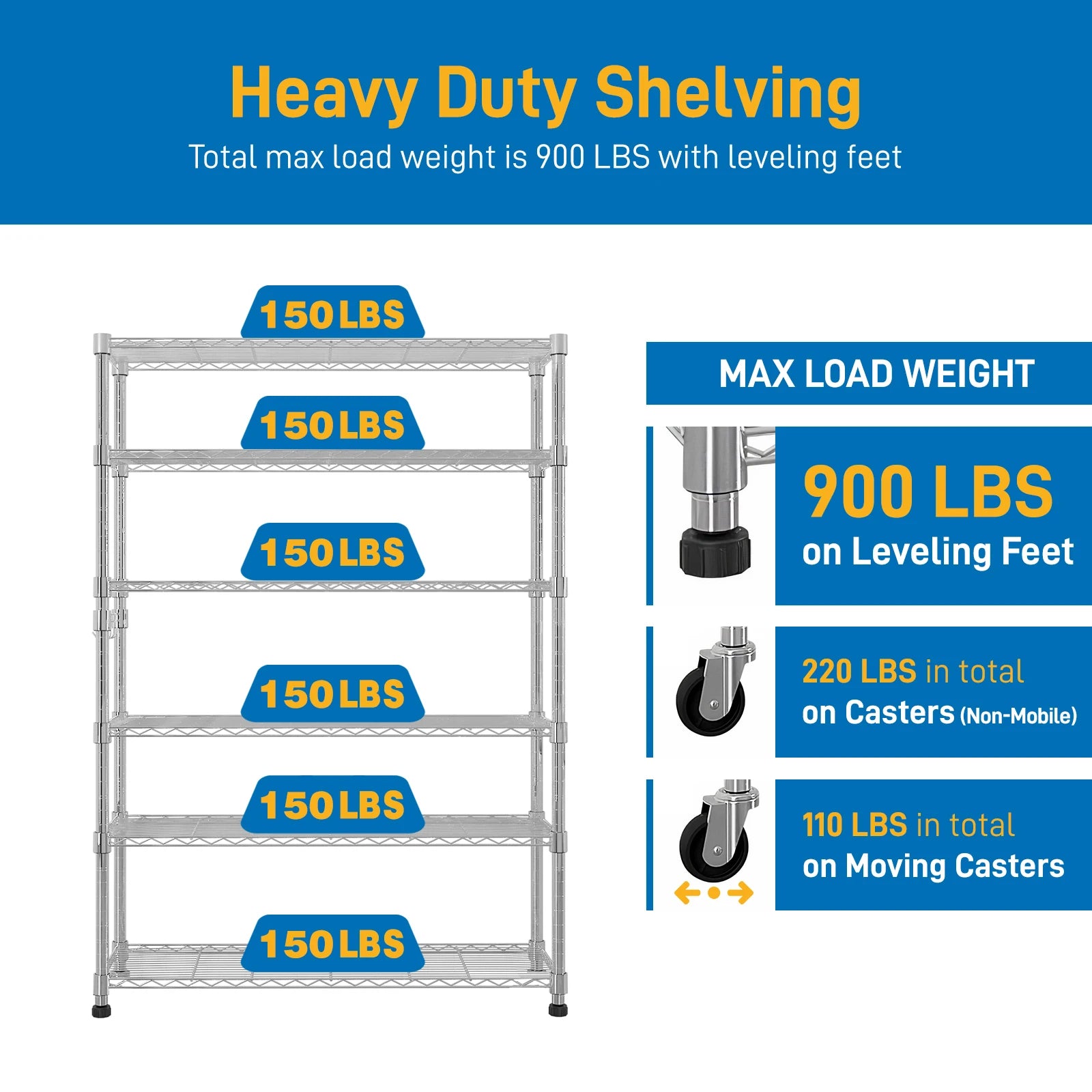 6-Tier Adjustable Metal Shelf with Wheels, Freely Adjustable Spacing, Home Storage Rack for Garage, Living Room, Bedroom