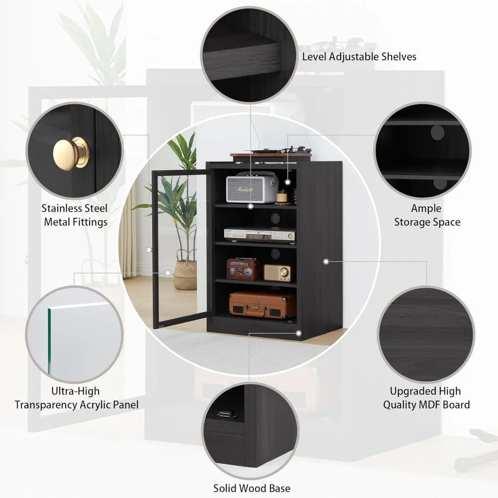 Media Cabinet with Door, Black 5-Tier Stereo Cabinet with Adjustable Shelves, AV Media Storage Shelf with Cable Management, Aud