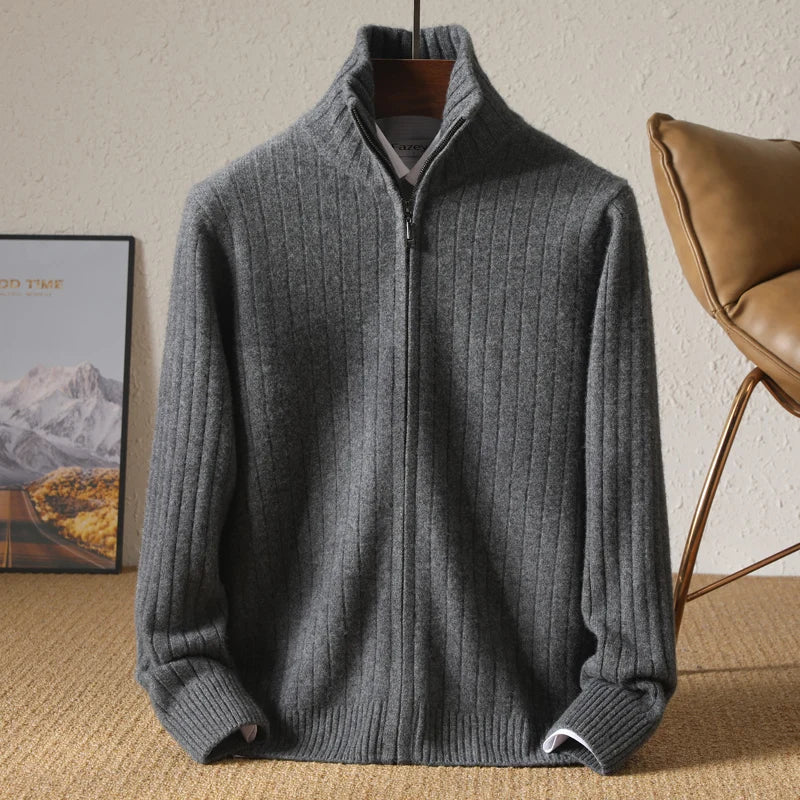 Men 100% Merino Wool Stand-Up Collar Cardigan Casual Knit Business Zipper Coat Autumn Winter Versatile Warm Men Cashmere Jacket