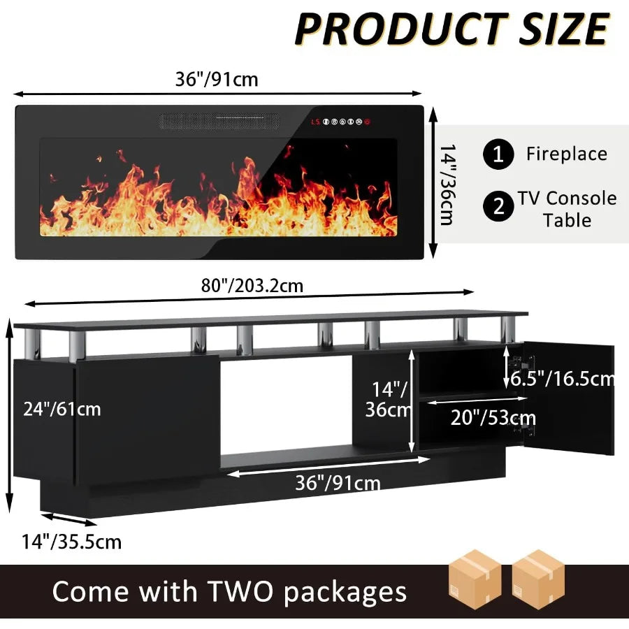 80 Inches Fireplace TV Stand for TVs up to 90 Inches with 36'' Electric Fireplace Remote Modern Entertainment Center in Black w