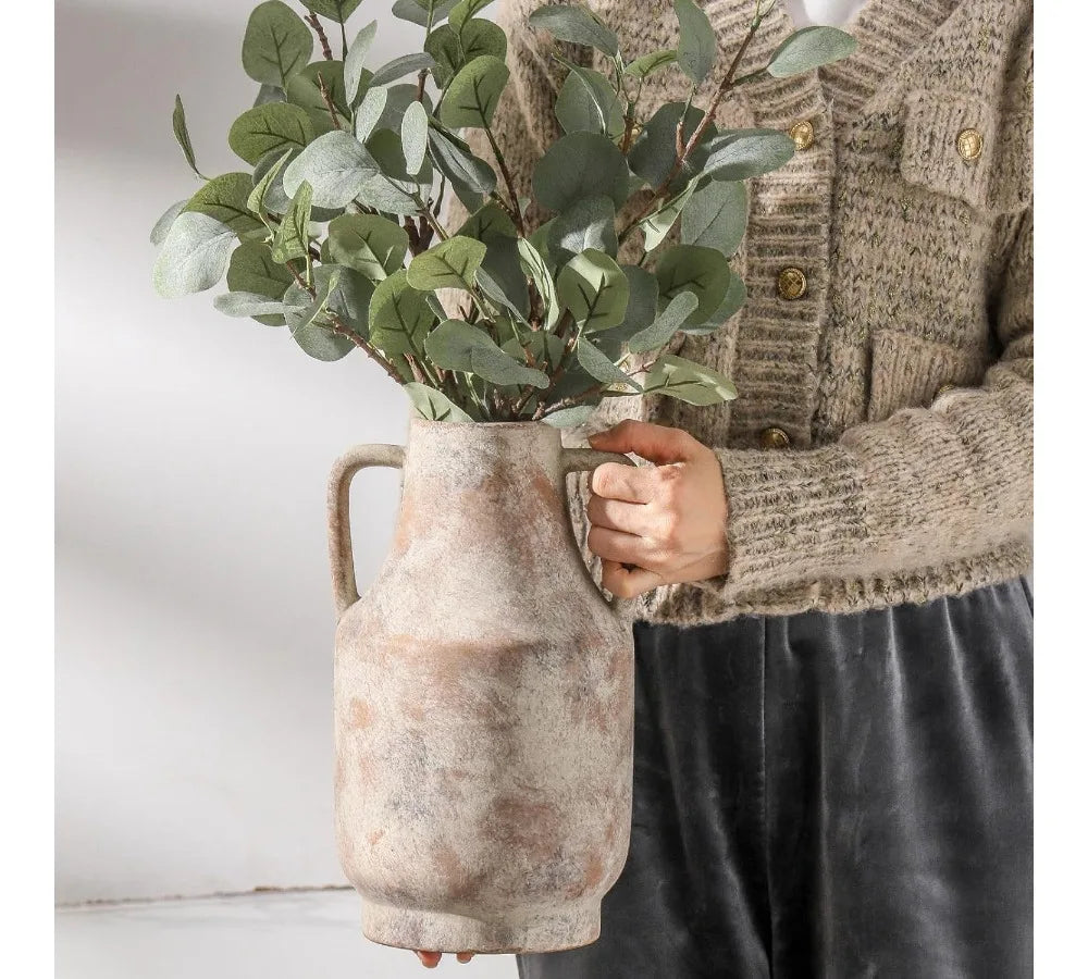11 Inch Handcrafted Ceramic Flower Vase with Handles, Rustic Farmhouse Centerpiece for Home Decor Living Room Table