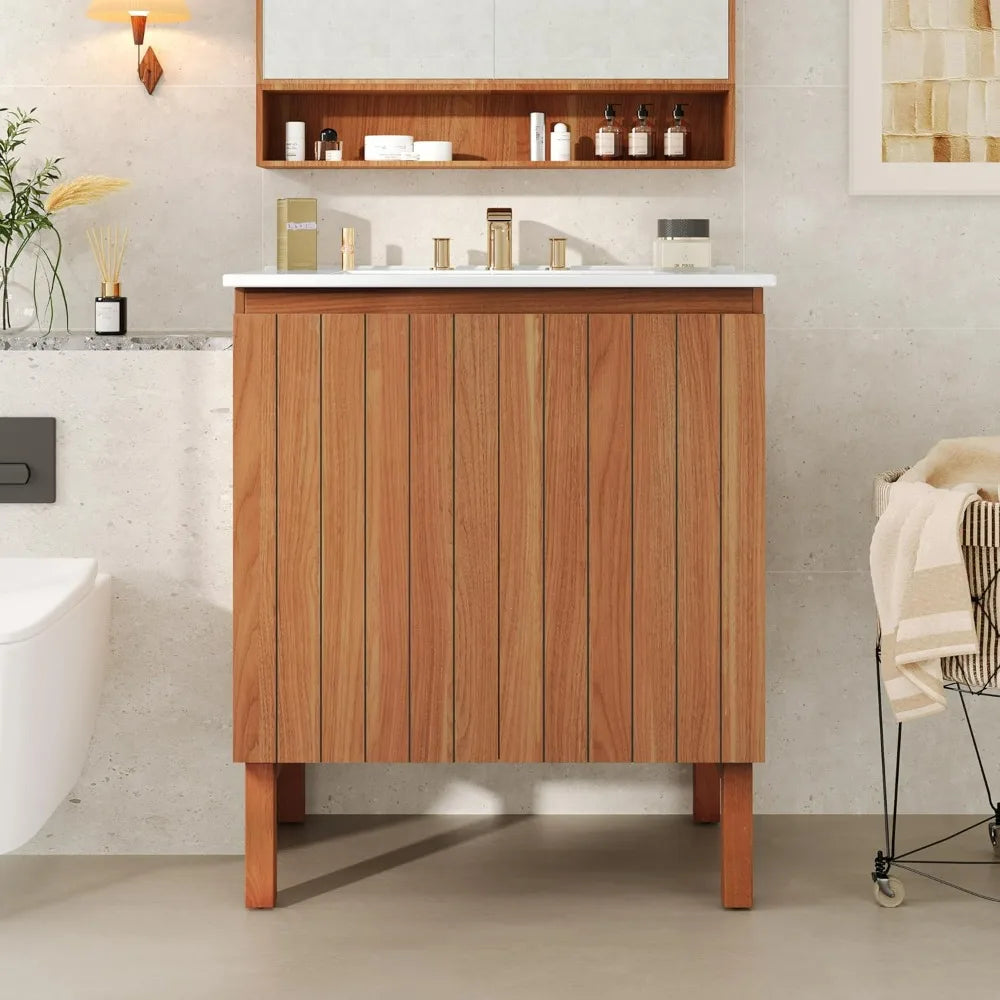 Bathroom Vanity with Sink and Wooden Organizer featuring Adjustable Shelves and Soft-Close Doors