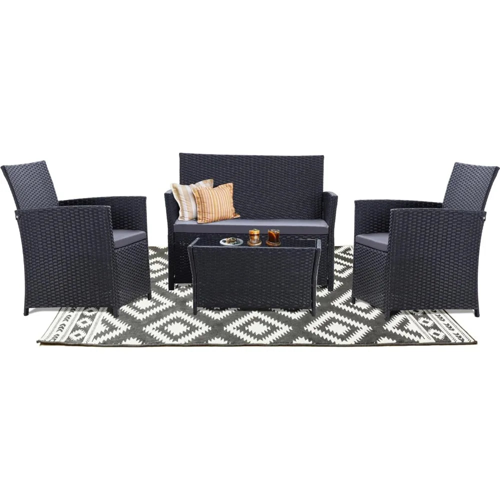 Patio Furniture Set, Outdoor Wicker Conversation Set, Rattan Sectional Sofa Couch with Glass Coffee Table & Thick Cushion