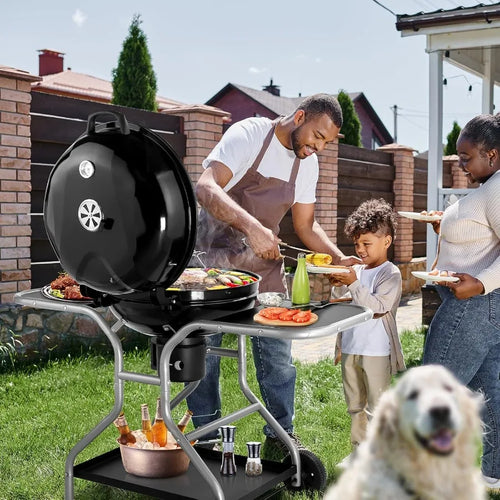 22 inch Outdoor Barbecue Pit Grill Cart with 2 Side Tables for Patio Backyard Camping Picnic Cooking Portable Kettle Charcoal G