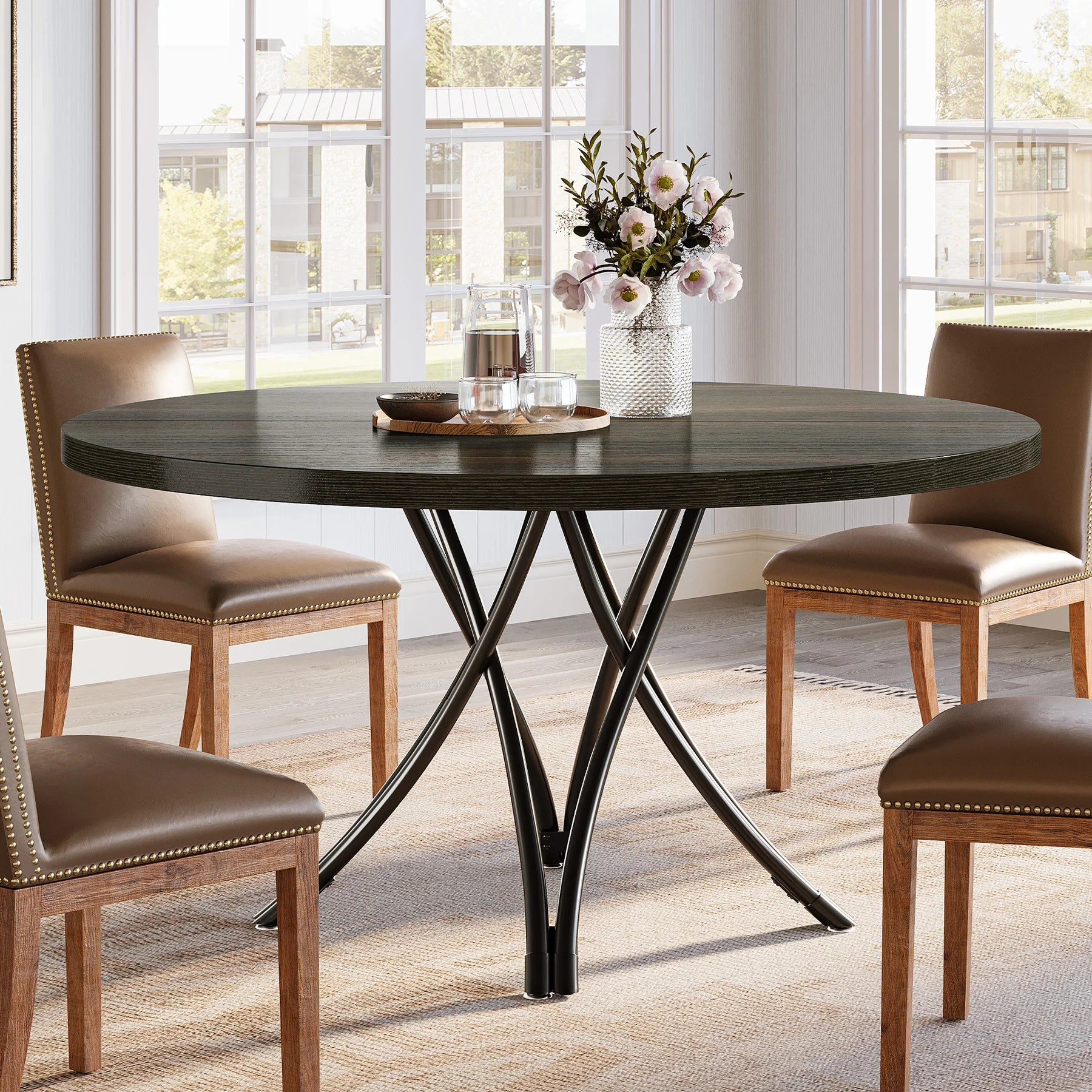 Tribesigns Round Dining Table, 47-Inch Wood Large Farmhouse and Modern Kitchen Table for 4-6 People with Gray Frame