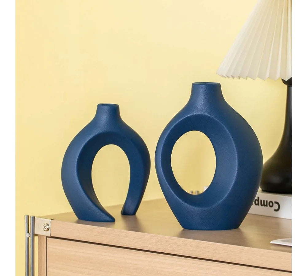 Modern Nordic Ceramic Vase Set of 2, 8.4 Inch Coastal Hollow Design for Pampas Grass Home Decor (Matte Navy Blue)