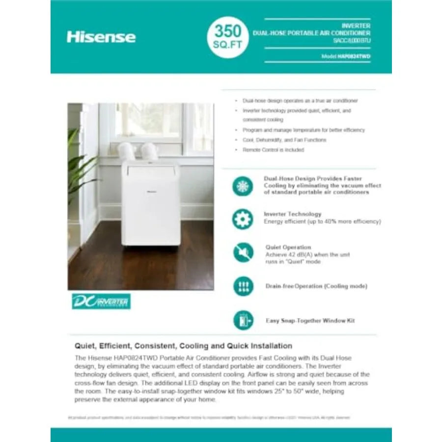 8000 BTU Portable Air Conditioner with Dual Hose and Inverter Technology for Efficient Cooling in Small to Medium Rooms up to 3