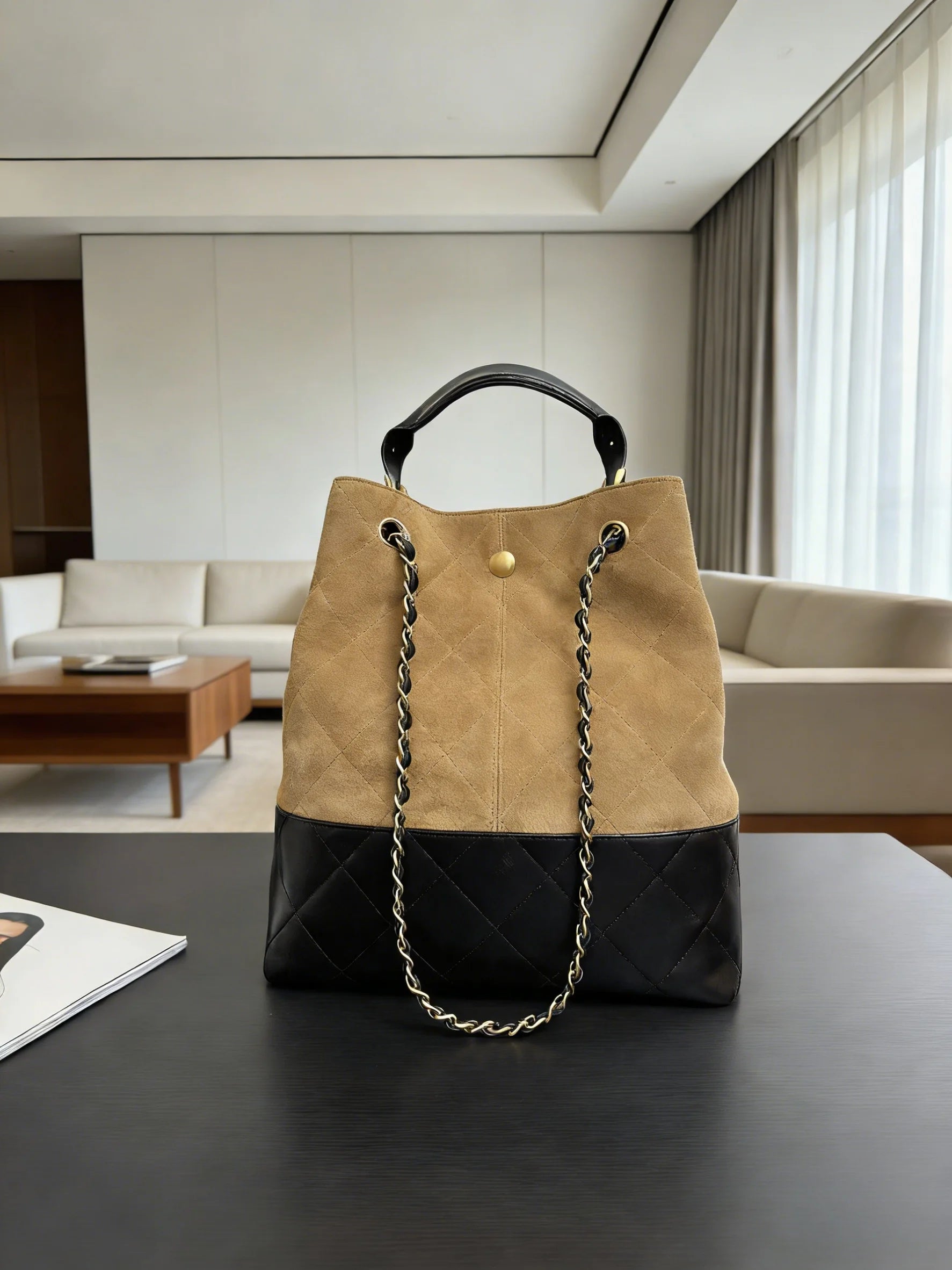 New Beige Suede & Black Leather Bucket Bag | Gold Chain Top-Handle Crossbody Bag | Retro Luxury Handbag for Daily/Office