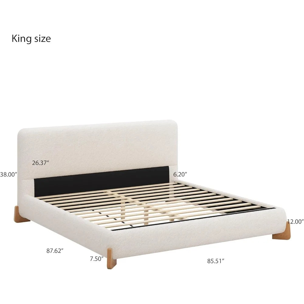 Merax King Bed Frame and Headboard, Boucle Upholstered Bed Platform Bedframe, No Box Spring Required, Noise Free, White