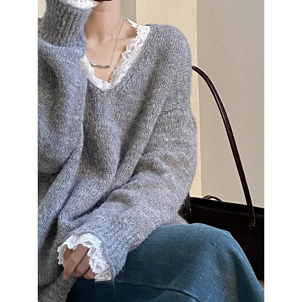 Lace Trim Warm Sweater For Women V Neck Long Sleeve Winter Loose Soft Top