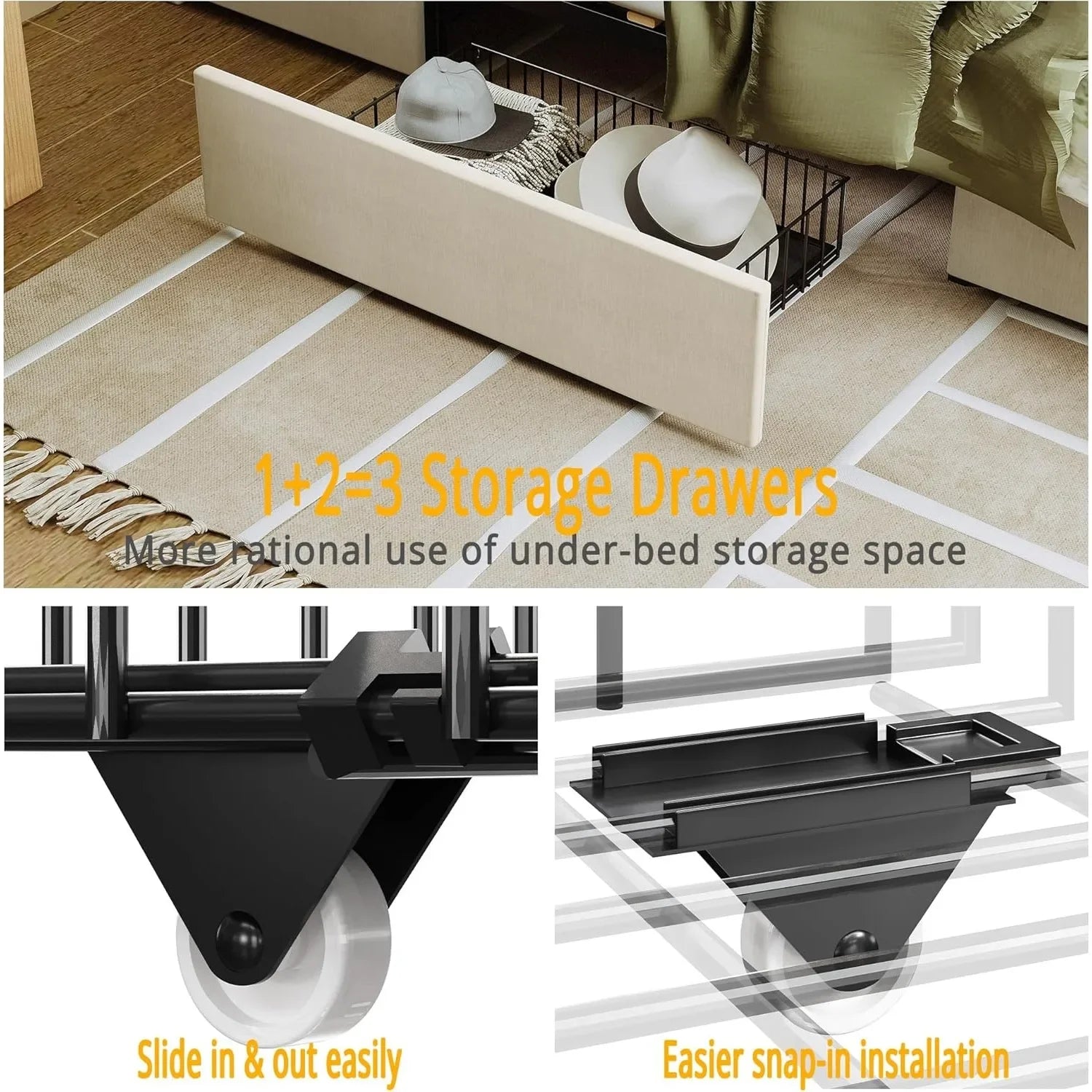 Extra large bed frame with storage headboard and charging station, cushioned platform bed with 3 drawers, beige color