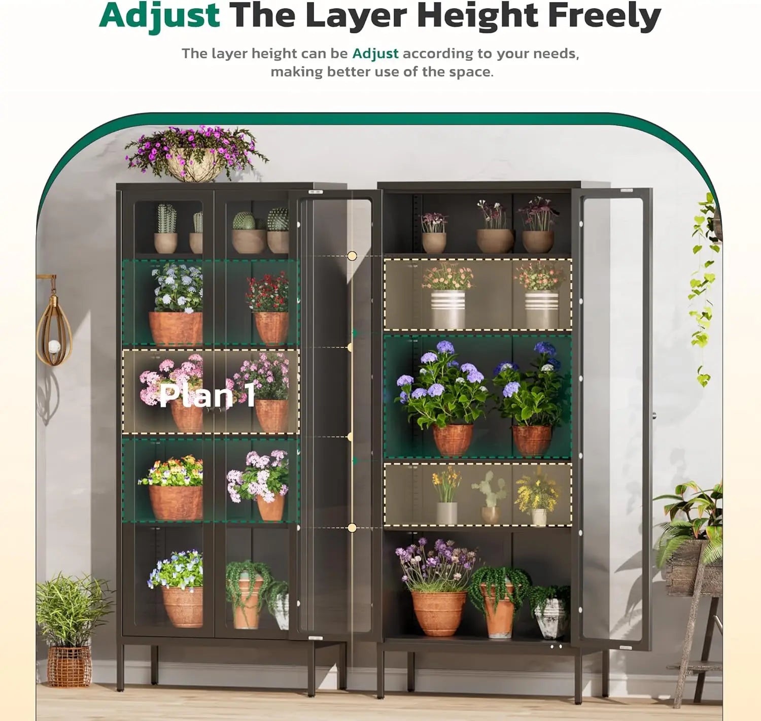 Metal Glass Display Cabinet with 5-Tier Storage Shelves, Tall Curio Cabinet with Glass Doors and Shelves