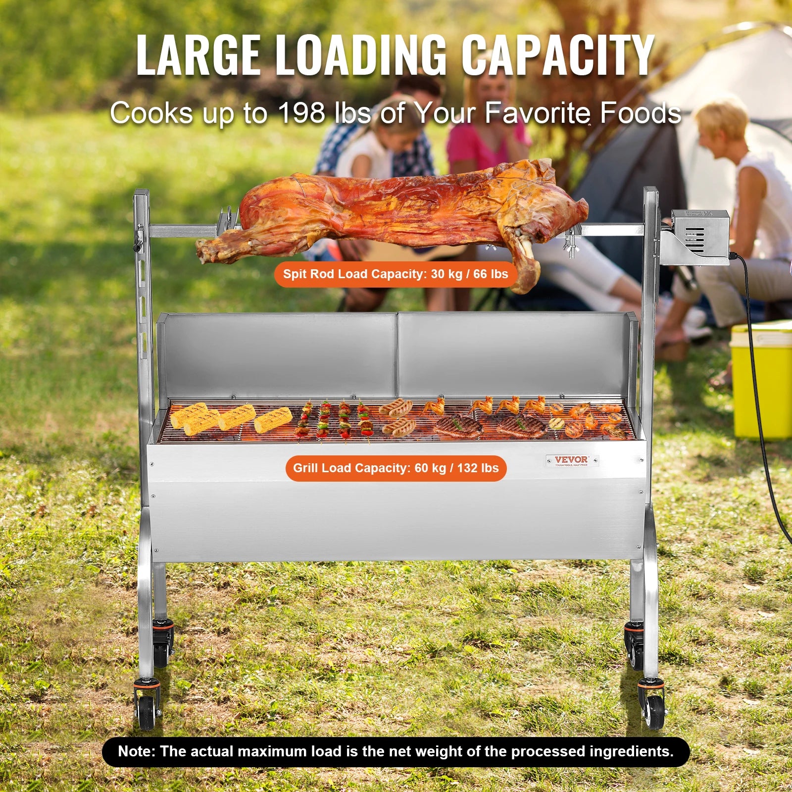 SucceBuy 46inch Rotisserie Grill with Windscreen Charcoal Spit Grill 132 Lbs Capacity Stainless Steel Roaster w/ Lockable Wheels