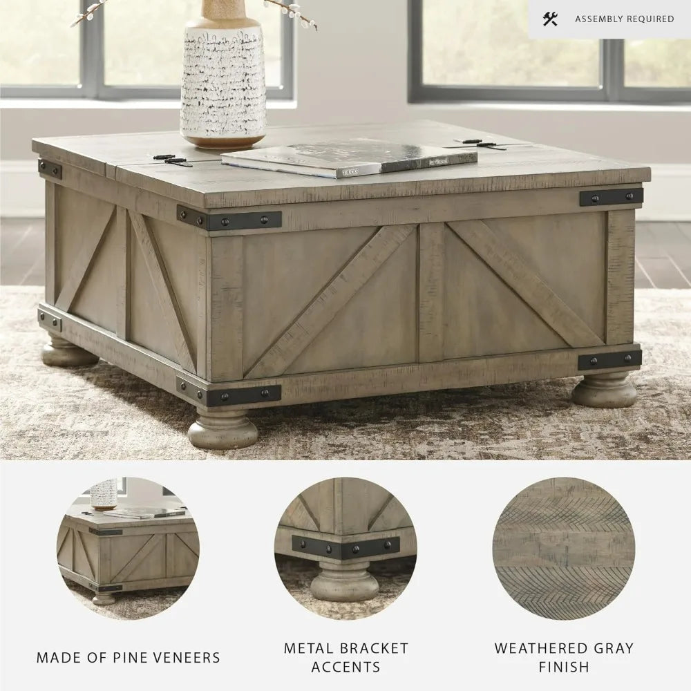 Farmhouse-Style Square Coffee Table with Lift Top Storage, Gray-Brown Finish