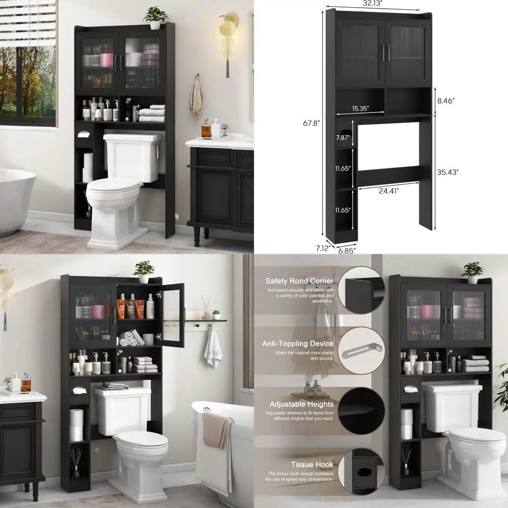 Farmhouse Style Over-the-Toilet Storage Cabinet with 2 Acrylic Wave Doors for Space-Saving Bathroom Storage