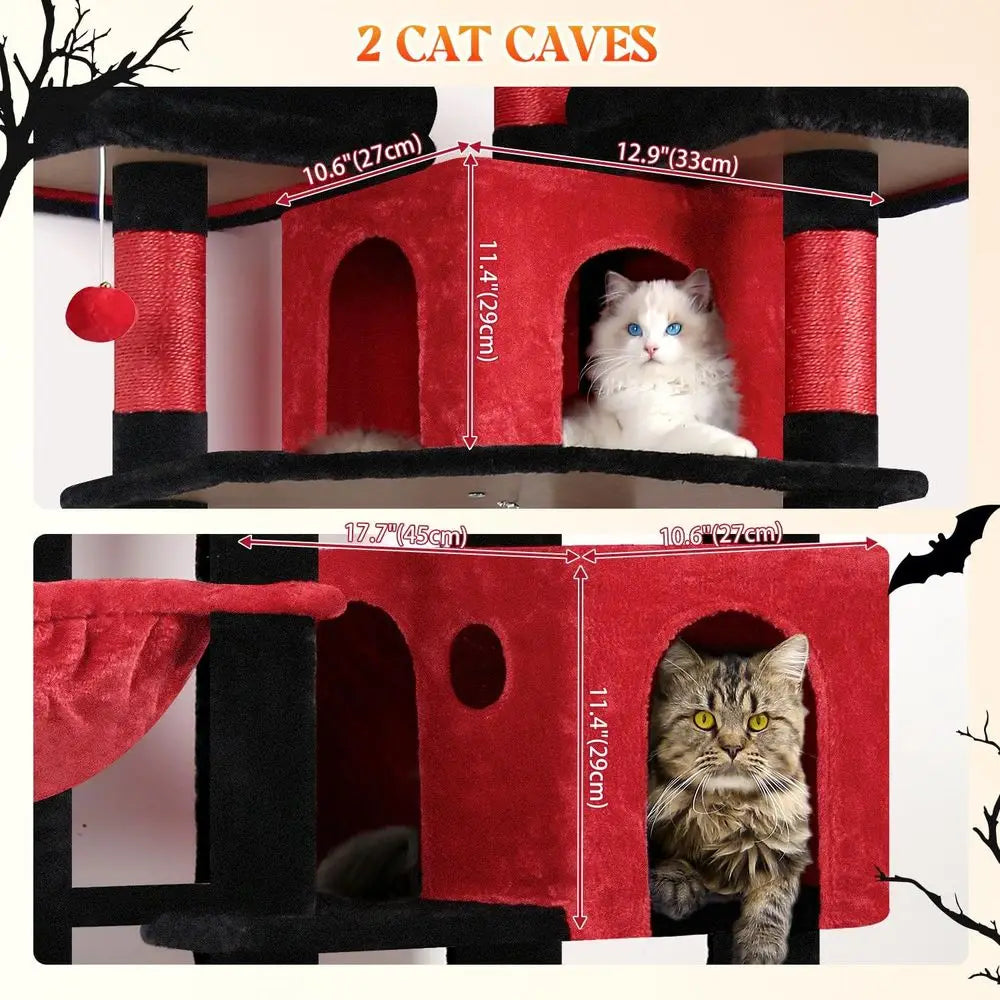 XXL 82-inch Gothic-Style Cat Tower with 3 Perches, 2 Condos, Scratching Post, and Hanging Baskets for Multiple Cats, Black Red