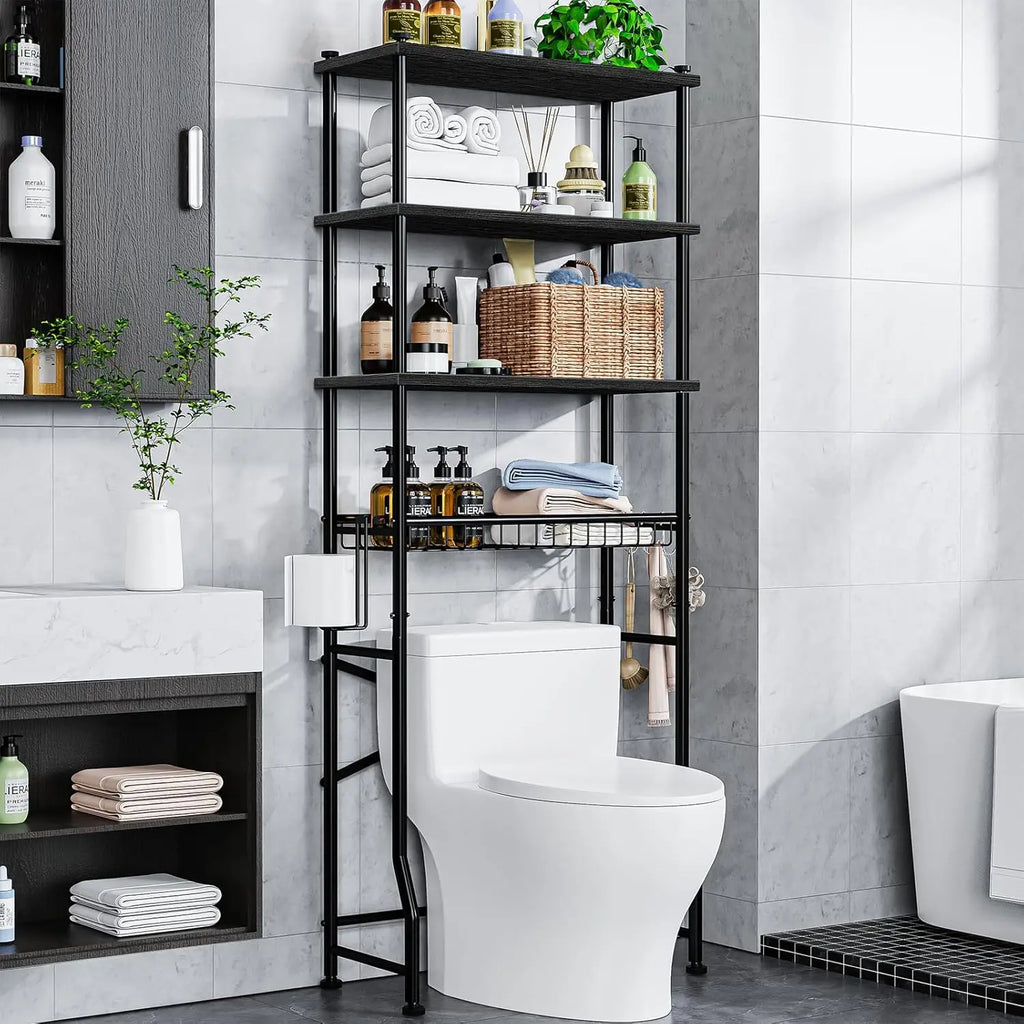 4-Tier Over-The-Toilet Storage Rack with Adjustable Shelf and Basket, Freestanding Space Saver for Bathroom (Black)