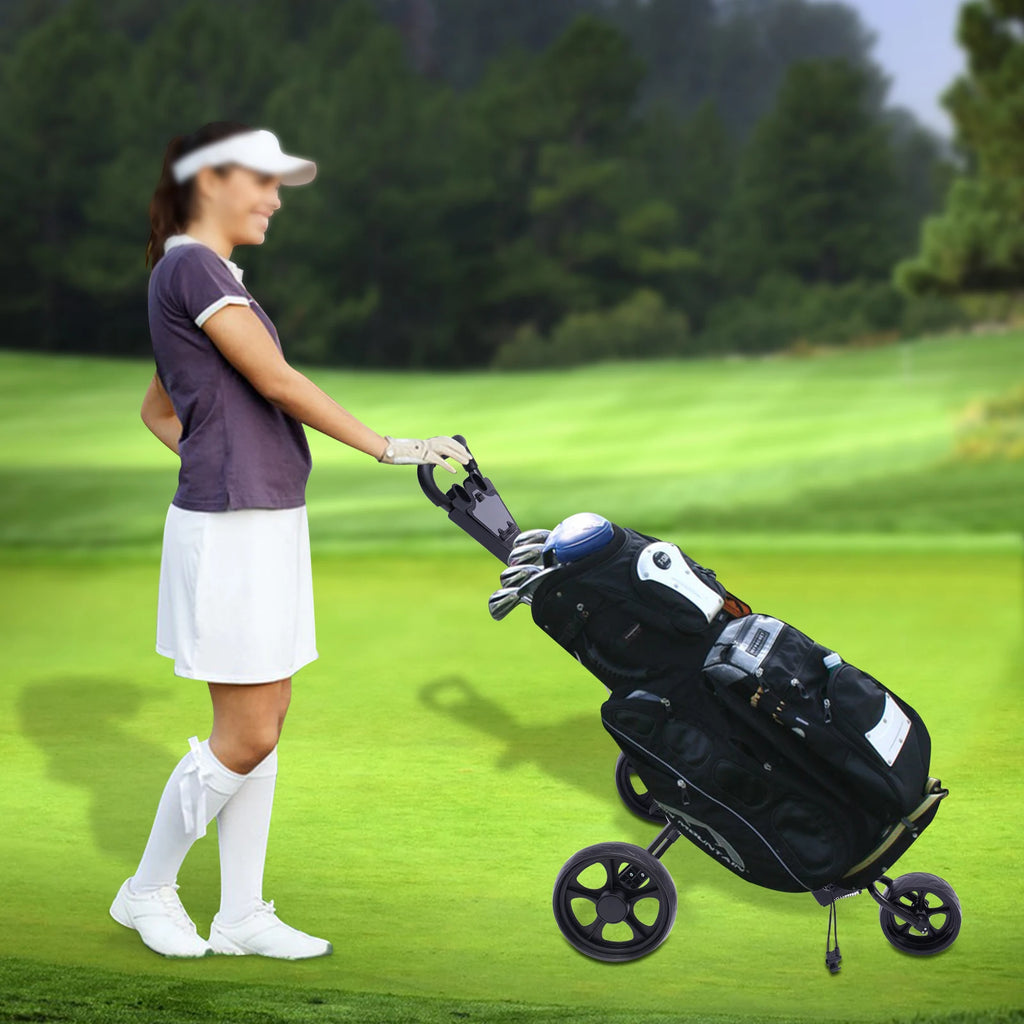 3-Wheel Foldable Golf Push Cart Foldable Golf Trolley Push Pull Cart Course Equipment Large Wheels & Foot Brake