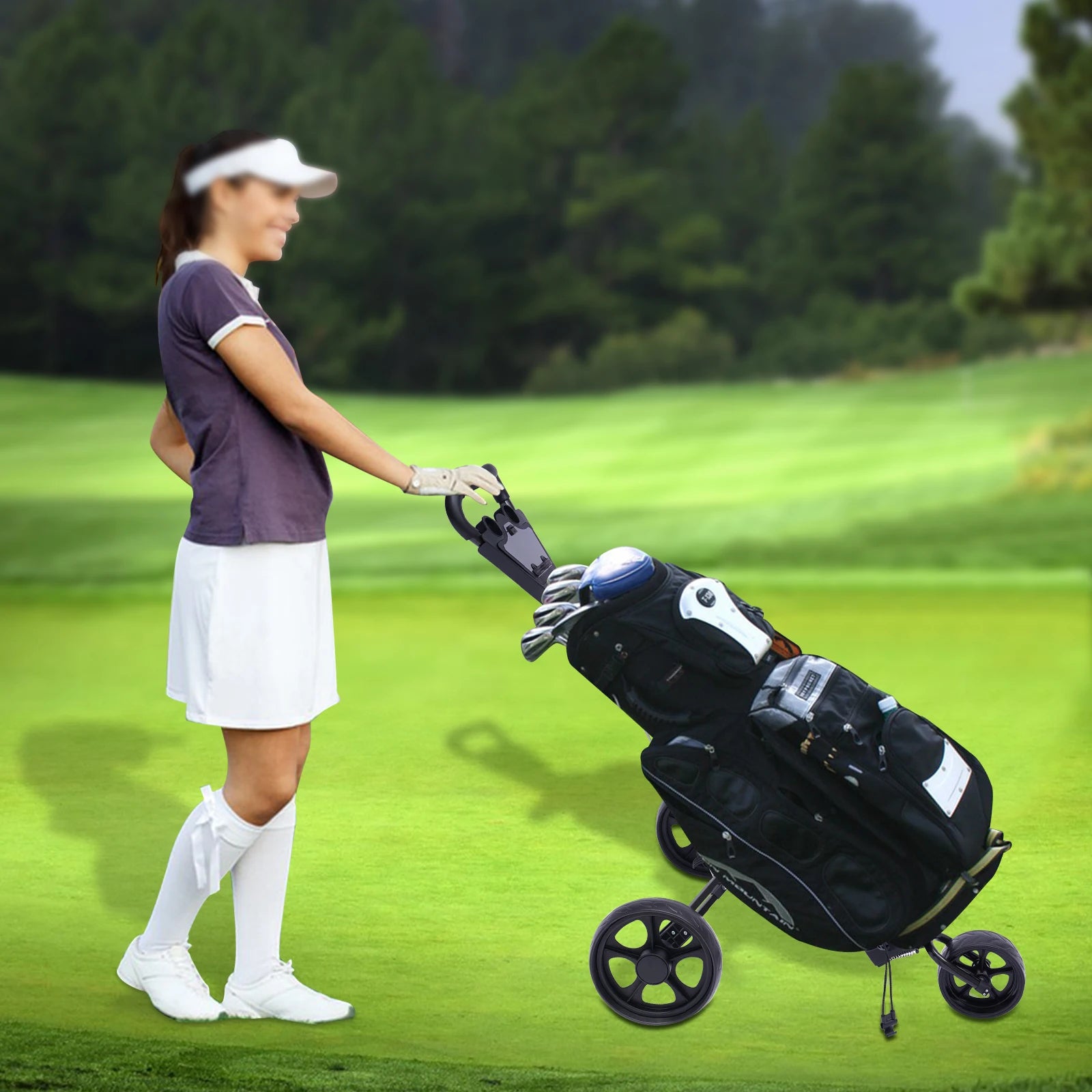 3-Wheel Foldable Golf Push Cart Foldable Golf Trolley Push Pull Cart Course Equipment Large Wheels & Foot Brake