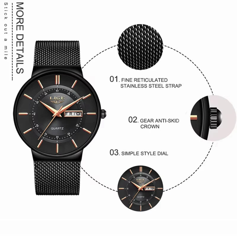 Man Watch LIGE Top Brand Luxury Waterproof Ultra Thin Date Clock Male Steel Strap Casual Quartz Mens Watches Sports Wrist Watch