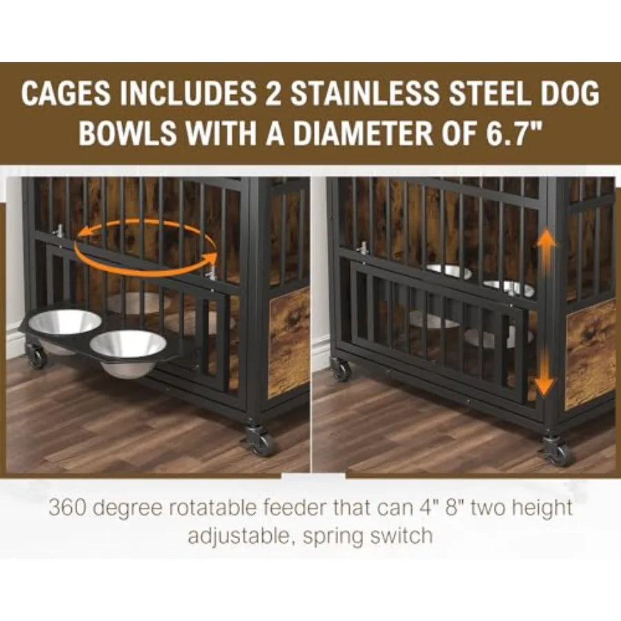 44 Inch Heavy Duty Dog Crate Furniture with 3 Doors Wood Finish Pet Cage for Large/Medium/Small Dogs 360 Stainless Steel Bowls