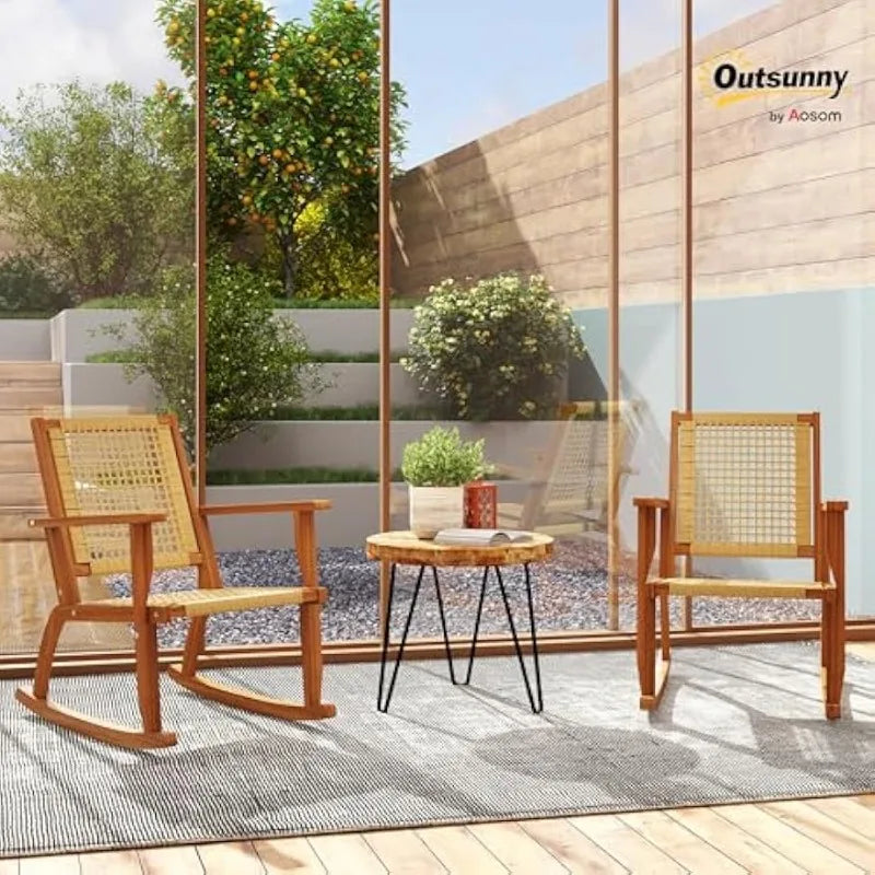 Outdoor Rocking Chair Set of 2, Acacia Wood Outdoor Rockers with Armrests, Rattan Wicker Back and Seat, Patio Wooden Ro