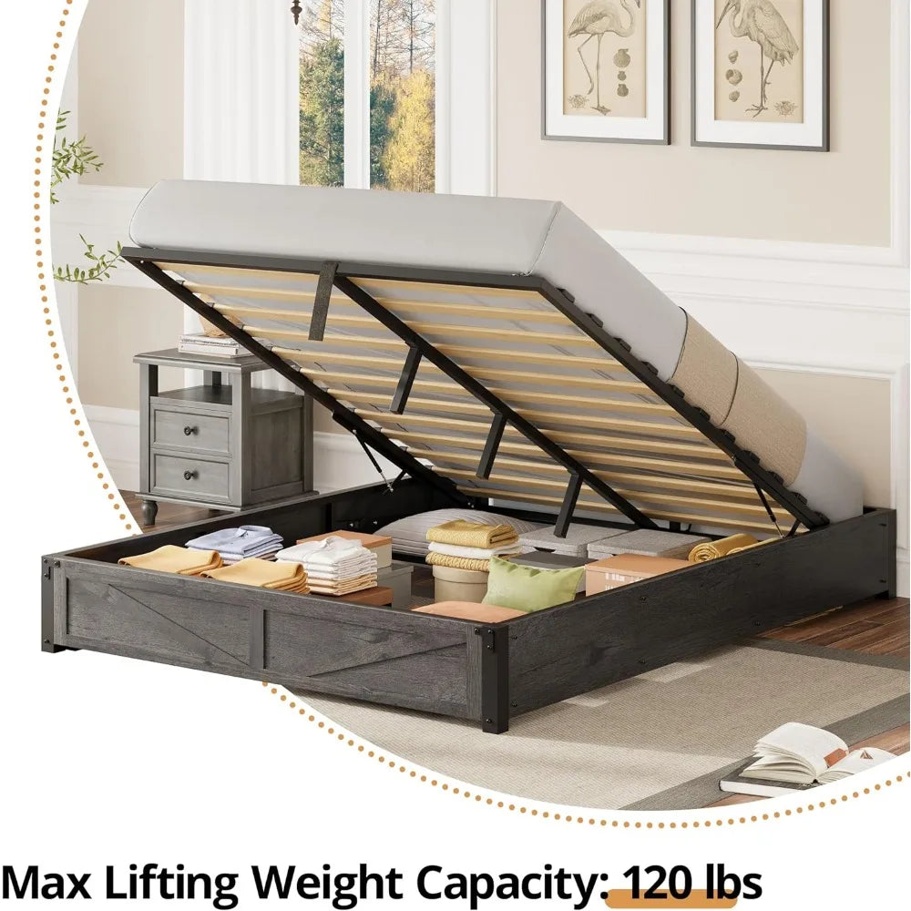 Farmhouse Style Queen Bed Frame with Lift Storage, Wooden Slat Support, Sturdy and Quiet, Easy Assembly