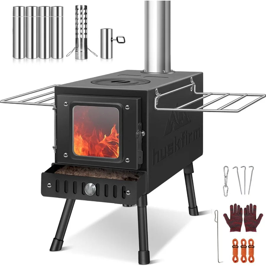 Portable Folding Wood Burning Stove for Tent Camping Heating Outdoor Cooking and Courtyard Use with Chimney Pipes and Spark Arr