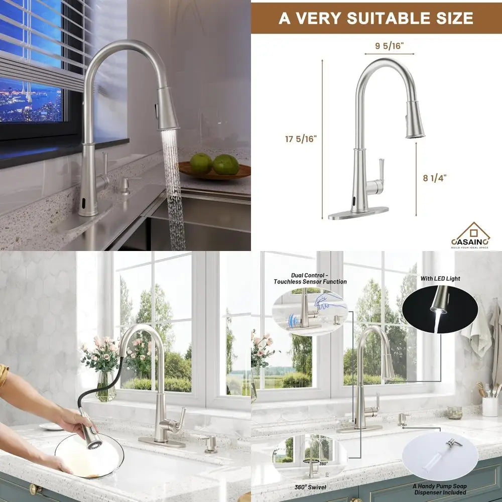 Touchless Motion Sensor Kitchen Faucet with Pull-Down Spray and LED Light, Including Soap Dispenser for Enhanced Sink Functional