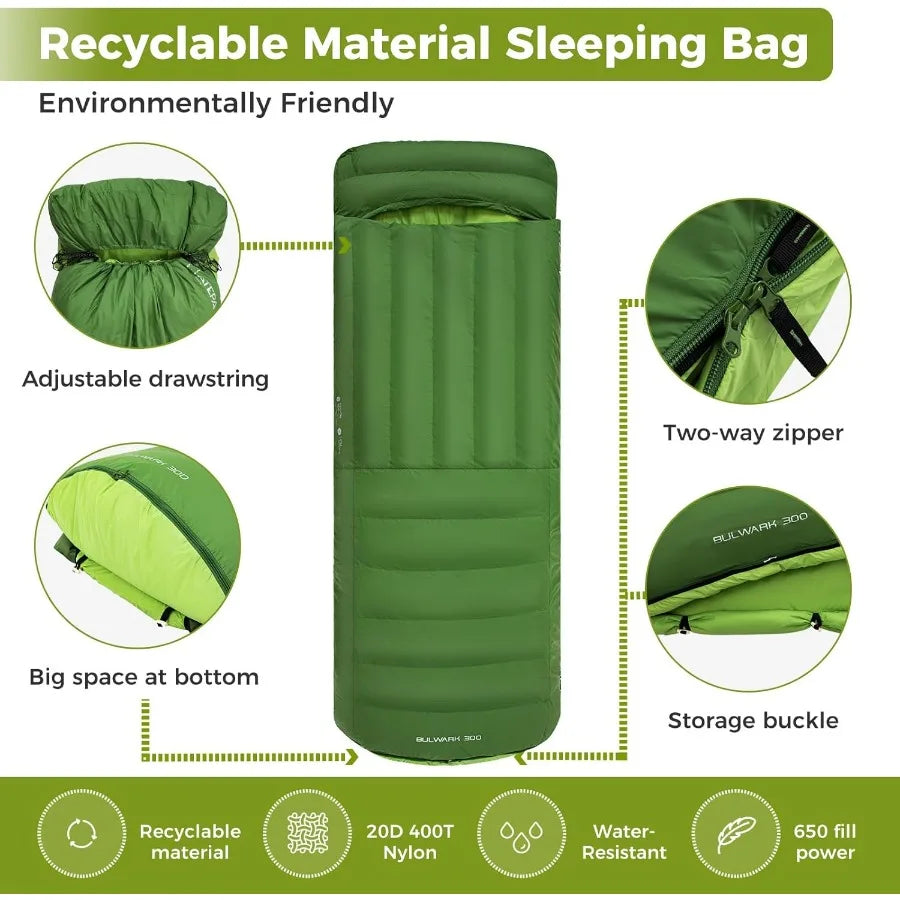 Ultralight 3Season Recycled Down Sleeping Bag for Adults with 650FP and 700FP Fill Power Compact Design with Compression Sack f