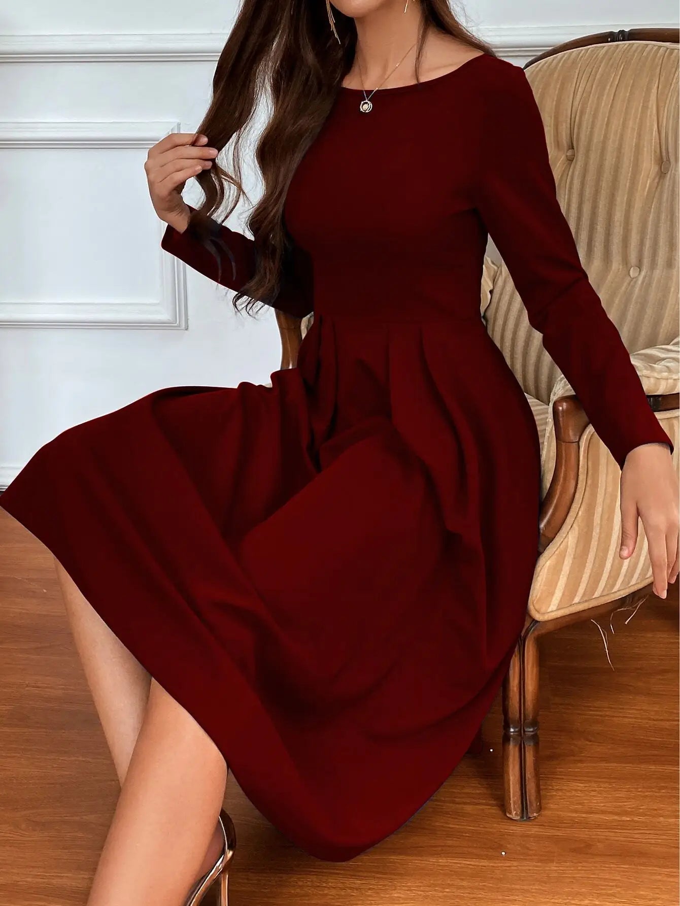 Wine Red Long Sleeve Round Neck Waist Seam A-Line Simple & Elegant Women Dress For Christmas
