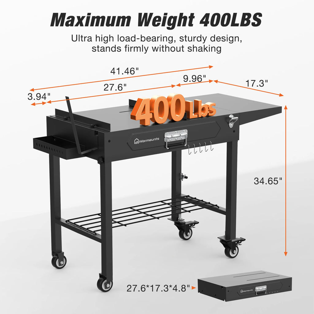 Foldable Grill Cart Outdoor with Wheels Portable Grill Table with Storage Movable Stand For Camping, BBQ