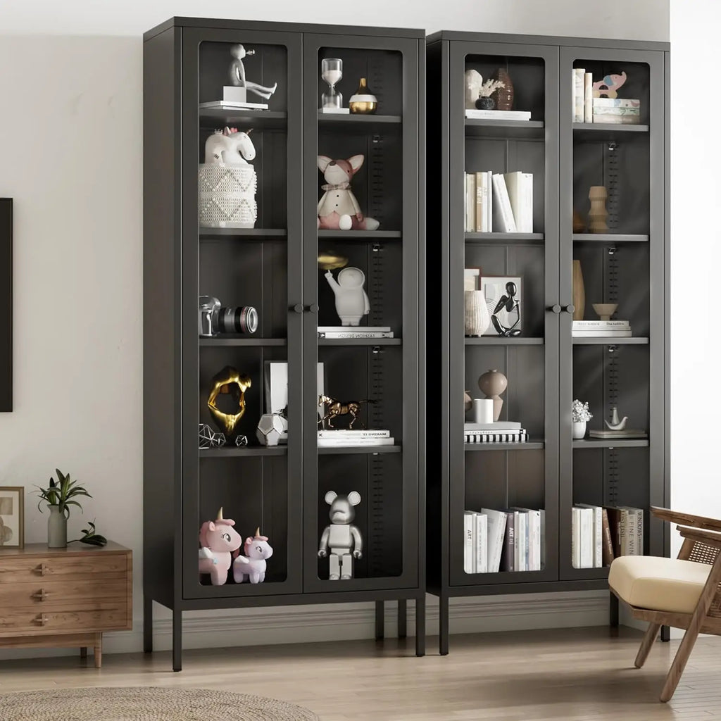 Metal Glass Display Cabinet with 5-Tier Storage Shelves, Tall Curio Cabinet with Glass Doors and Shelves
