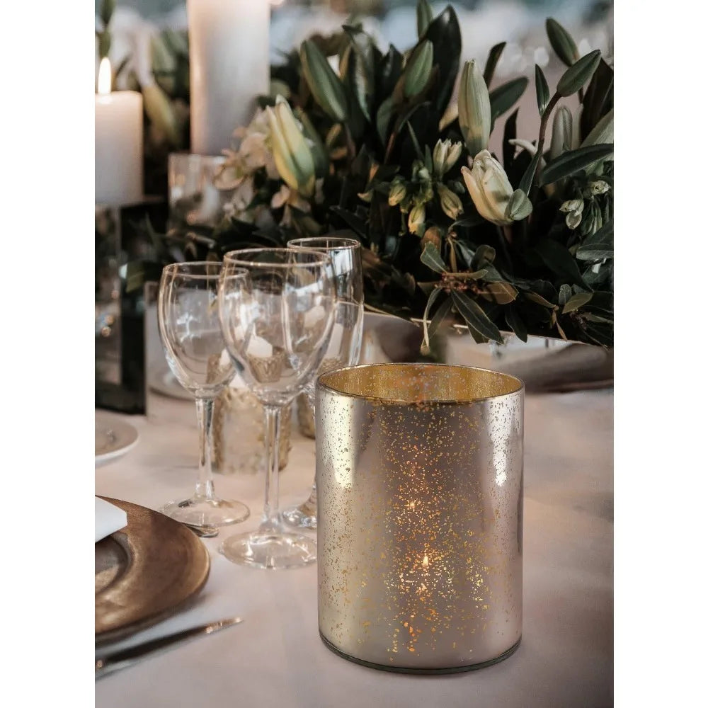 Antique Silver Cylinder Vase with Vintage Mercury Glass Finish for Weddings, Parties, and Events, 7 Inches Tall