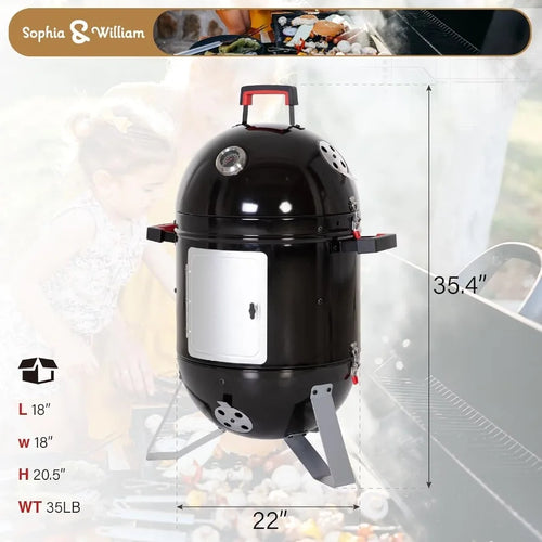 18-Inch Vertical Charcoal Smokers BBQ Grills with Porcelain-Enameled Smoking Chamber and 2-Layer Smoking Shelves for Outdoor Ba