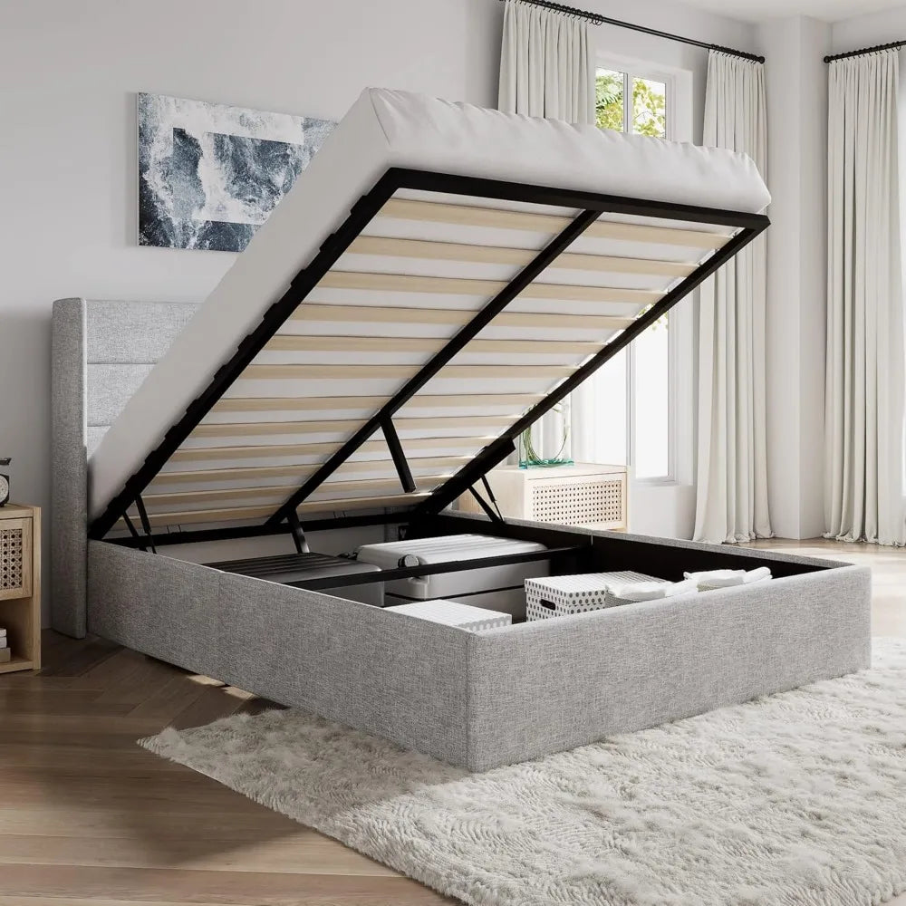 SHA CERLIN Full Size Lift Up Storage Bed/Modern Wingback Headboard/Upholstered Platform Bed Frame/Hydraulic Storage/No Box Sprin