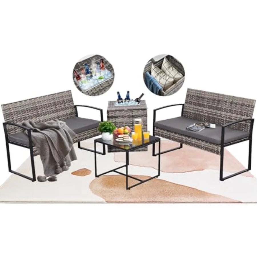 FHFO 4 Piece Outdoor Patio Furniture Set with Built-in Beverage Cooler Storage Box Wicker Conversation Sets Patio Outdoor Loves