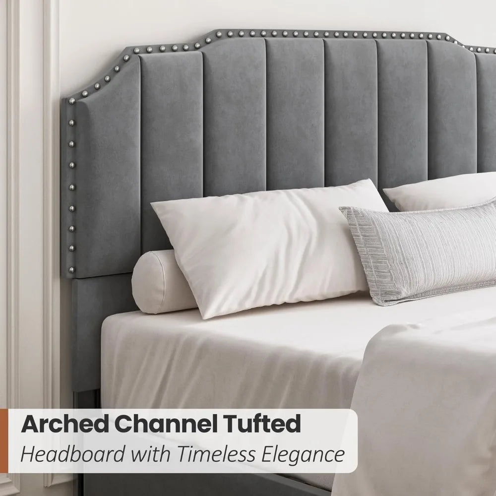 Grey Queen Size Upholstered Platform Bed Frame with 46.8'' Tall Vertical Channel Tufted Headboard, Wooden Slats,Customized