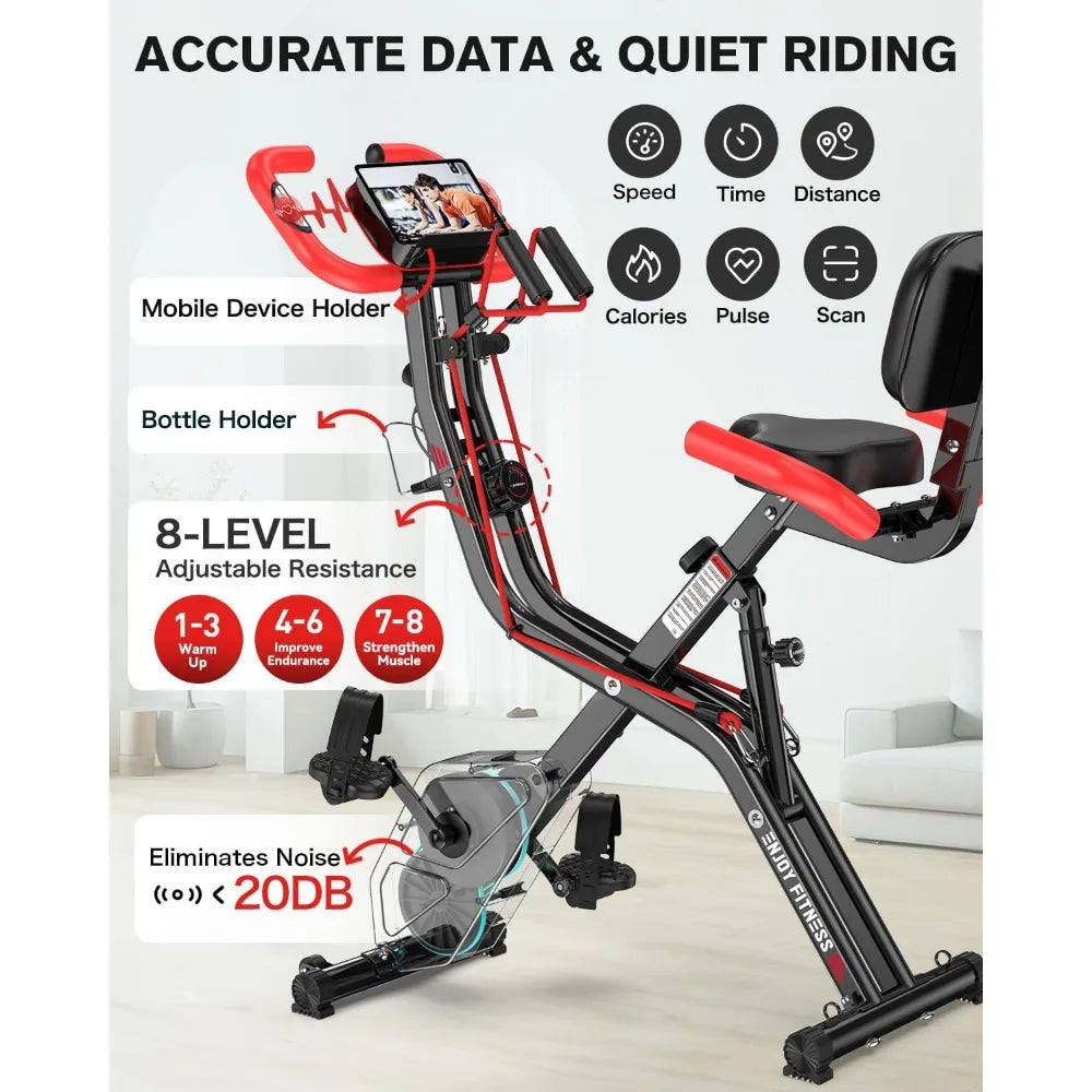 Folding exercise bike, fitness stationary bike, grade 8 adjustable resistance, back support pad for home gym workouts