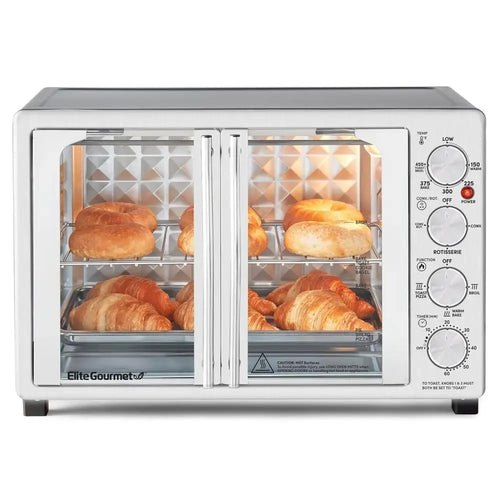 45L Countertop Convection Toaster Oven French Dual Door Rotisserie Adjustable Temperature Timer Bake Roast Broil Toast Stainless