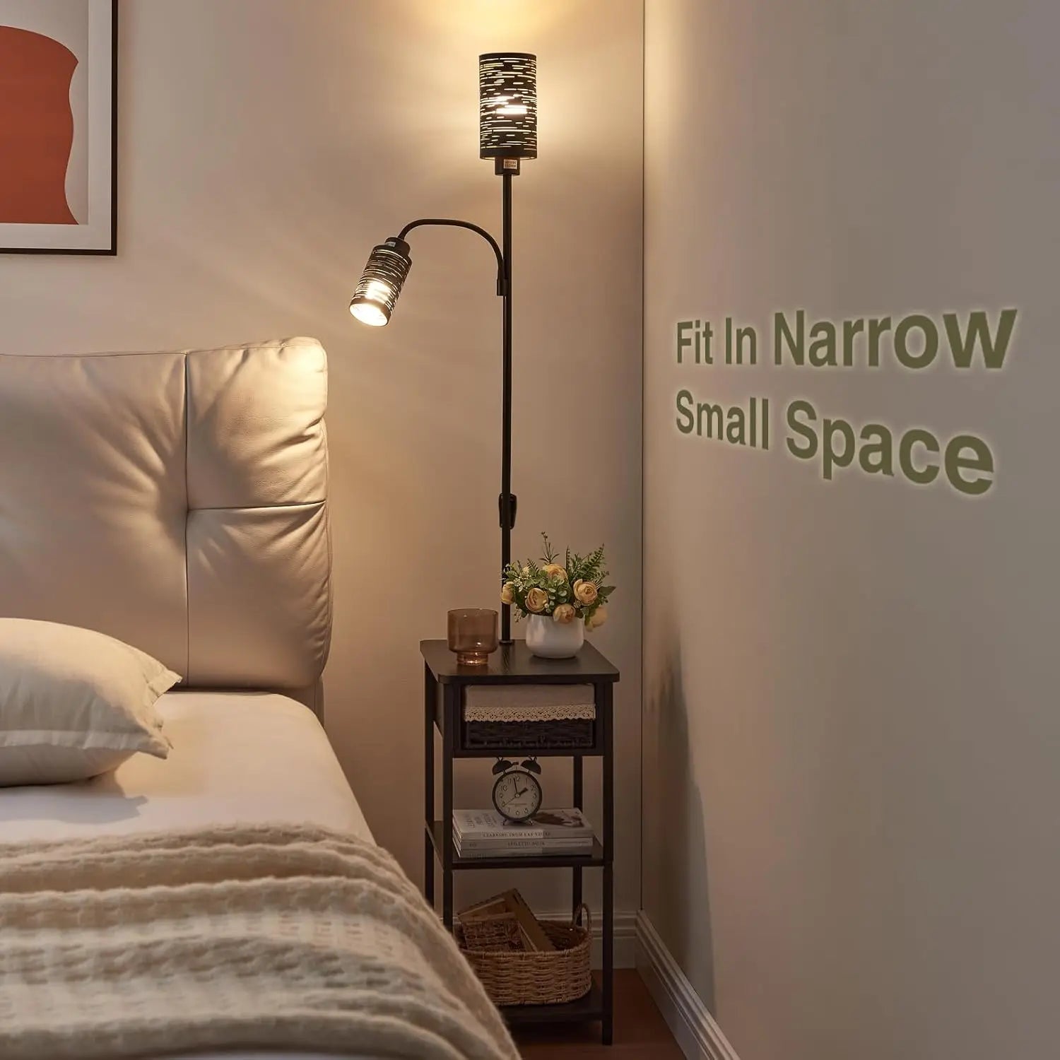Floor Lamp with End Table, Wicker Drawer & Shelf, 2 Bulbs Included, Small Space Nightstand for Bedroom, Living Room