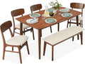 Mid-Century Modern 6-Piece Dining Set with Walnut Table and Cream Upholstered Chairs Including Bench