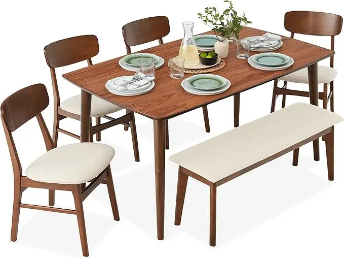 Mid-Century Modern 6-Piece Dining Set with Walnut Table and Cream Upholstered Chairs Including Bench