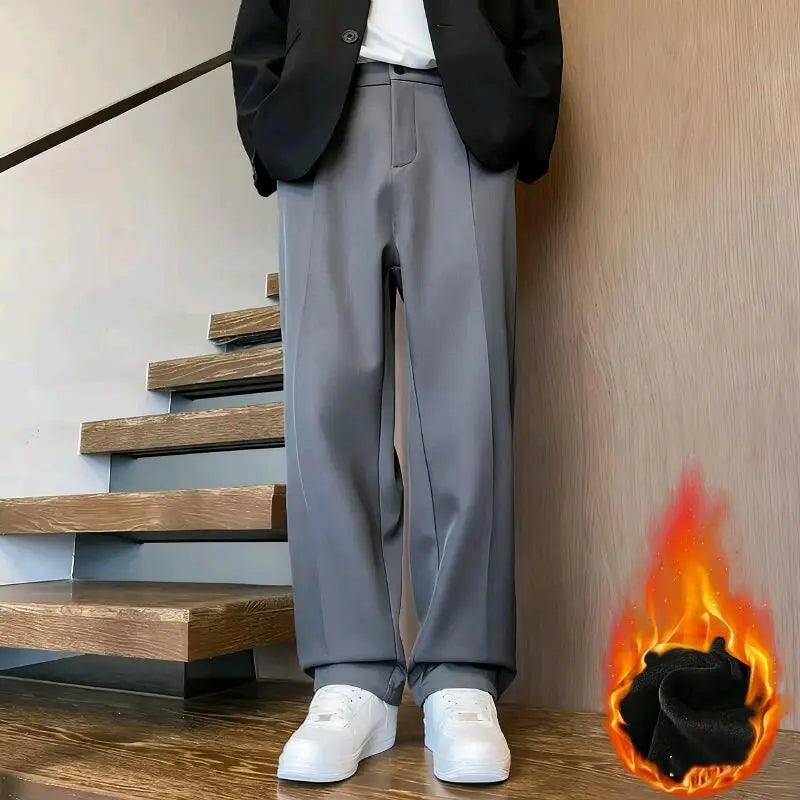 Men Autumn Winter Fleece Lined Trousers High Waisted Flannel Pants American Style Straight Wide Leg Bootcut Draping Men Pants